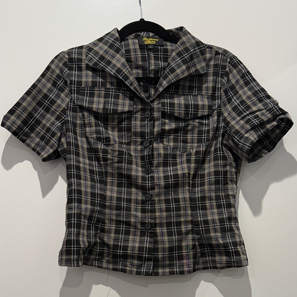Boulevard Nights Black Grey Plaid Button Front Blouse Y2K Alt Grunge Goth Top